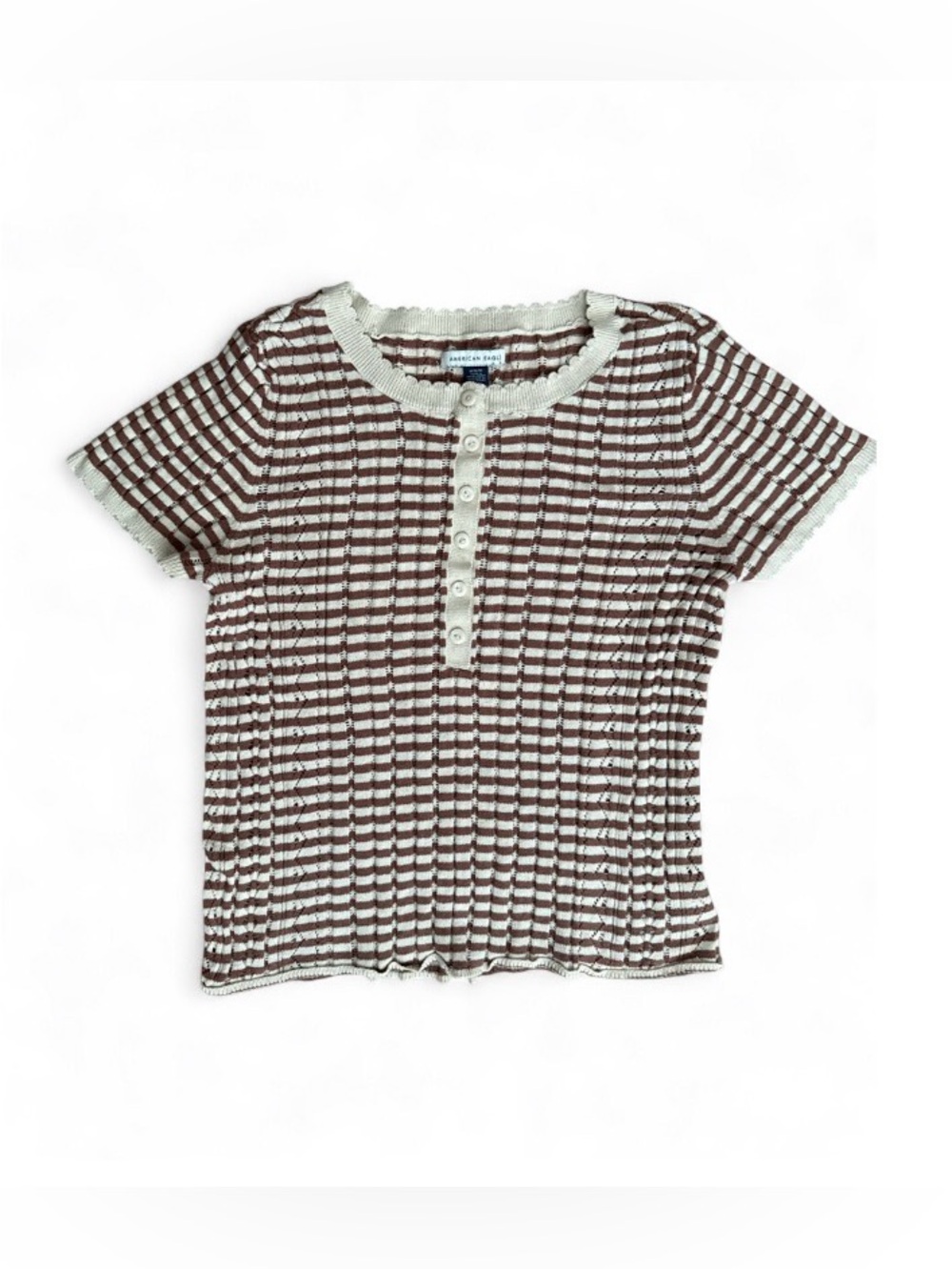 American Eagle Outfitters Striped Short Sleeve Knit Top in Cream & Brown